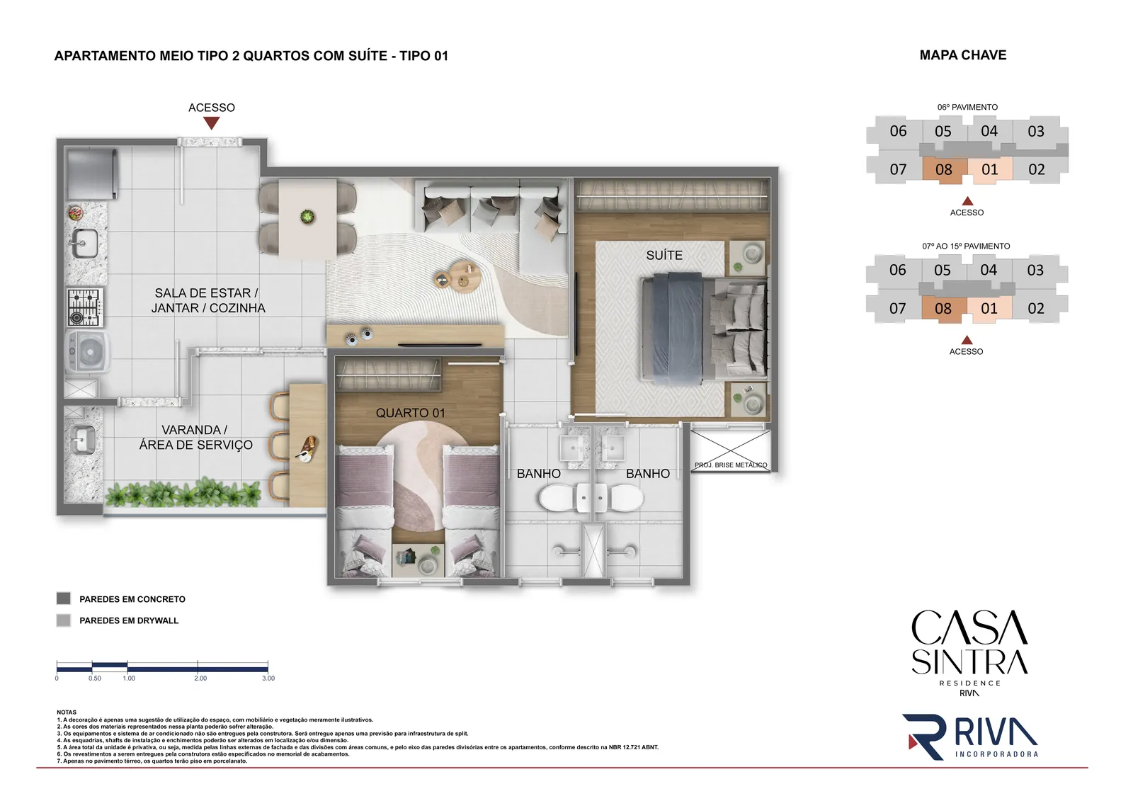 Planta humanizada de 2 quartos com suíte